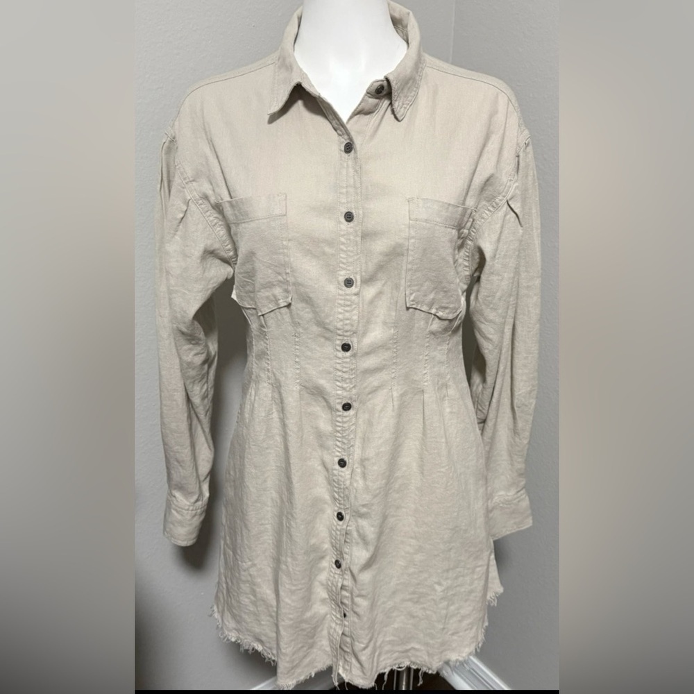 Risen Los Angeles Linen Blend Button Up Shirt Dress Size S Beige Long Sleeves